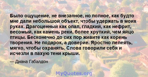 Было ощущение, не внезапное, но полное, как будто мне дали небольшой объект, чтобы удержать в моих руках. Драгоценный как опал, гладкий, как нефрит, весомый, как камень реки, более хрупкий, чем яйцо птицы. Бесконечно до 