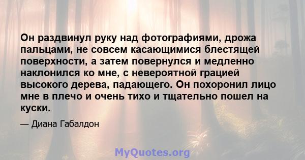 Он раздвинул руку над фотографиями, дрожа пальцами, не совсем касающимися блестящей поверхности, а затем повернулся и медленно наклонился ко мне, с невероятной грацией высокого дерева, падающего. Он похоронил лицо мне в 