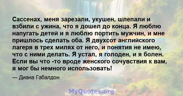 Сассенах, меня зарезали, укушен, шлепали и взбили с ужина, что я дошел до конца. Я люблю напугать детей и я люблю портить мужчин, и мне пришлось сделать оба. Я двухсот английского лагеря в трех милях от него, и понятия