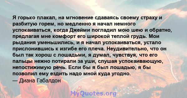 Я горько плакал, на мгновение сдаваясь своему страху и разбитую горем, но медленно я начал немного успокаиваться, когда Джейми погладил мою шею и обратно, предлагая мне комфорт его широкой теплой грудь. Мои рыдания