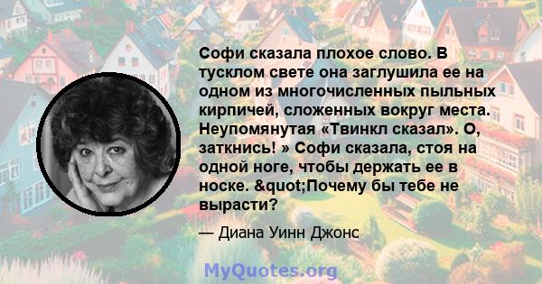 Софи сказала плохое слово. В тусклом свете она заглушила ее на одном из многочисленных пыльных кирпичей, сложенных вокруг места. Неупомянутая «Твинкл сказал». О, заткнись! » Софи сказала, стоя на одной ноге, чтобы