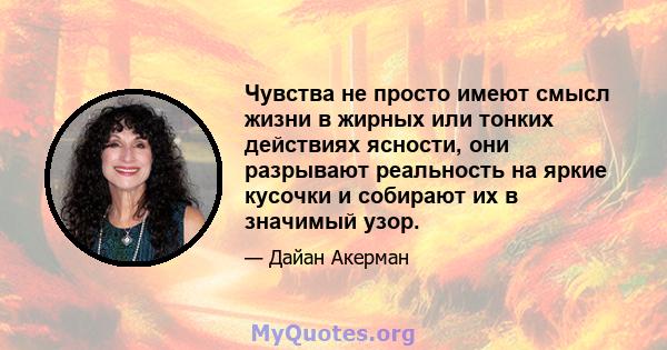 Чувства не просто имеют смысл жизни в жирных или тонких действиях ясности, они разрывают реальность на яркие кусочки и собирают их в значимый узор.