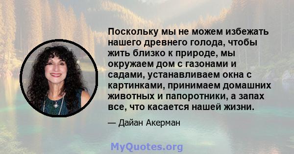 Поскольку мы не можем избежать нашего древнего голода, чтобы жить близко к природе, мы окружаем дом с газонами и садами, устанавливаем окна с картинками, принимаем домашних животных и папоротники, а запах все, что