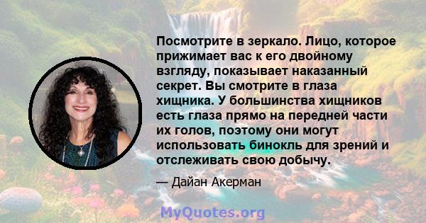 Посмотрите в зеркало. Лицо, которое прижимает вас к его двойному взгляду, показывает наказанный секрет. Вы смотрите в глаза хищника. У большинства хищников есть глаза прямо на передней части их голов, поэтому они могут