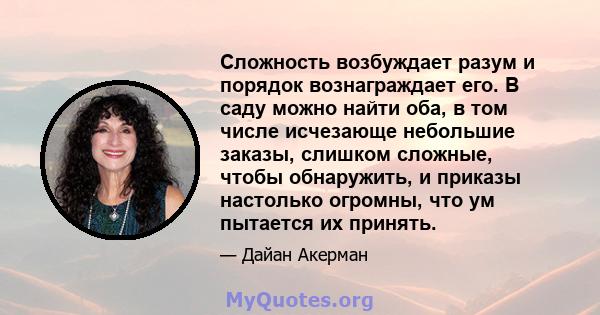 Сложность возбуждает разум и порядок вознаграждает его. В саду можно найти оба, в том числе исчезающе небольшие заказы, слишком сложные, чтобы обнаружить, и приказы настолько огромны, что ум пытается их принять.