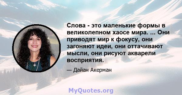 Слова - это маленькие формы в великолепном хаосе мира. ... Они приводят мир к фокусу, они загоняют идеи, они оттачивают мысли, они рисуют акварели восприятия.