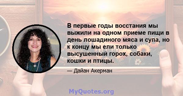 В первые годы восстания мы выжили на одном приеме пищи в день лошадиного мяса и супа, но к концу мы ели только высушенный горох, собаки, кошки и птицы.