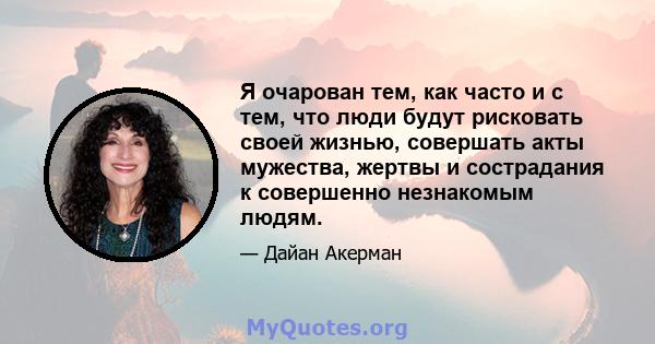 Я очарован тем, как часто и с тем, что люди будут рисковать своей жизнью, совершать акты мужества, жертвы и сострадания к совершенно незнакомым людям.