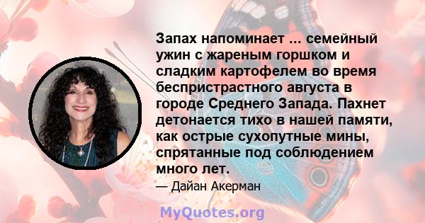 Запах напоминает ... семейный ужин с жареным горшком и сладким картофелем во время беспристрастного августа в городе Среднего Запада. Пахнет детонается тихо в нашей памяти, как острые сухопутные мины, спрятанные под