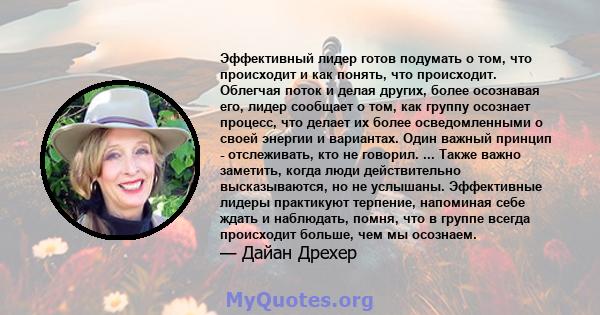 Эффективный лидер готов подумать о том, что происходит и как понять, что происходит. Облегчая поток и делая других, более осознавая его, лидер сообщает о том, как группу осознает процесс, что делает их более