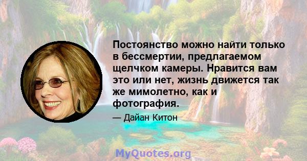 Постоянство можно найти только в бессмертии, предлагаемом щелчком камеры. Нравится вам это или нет, жизнь движется так же мимолетно, как и фотография.