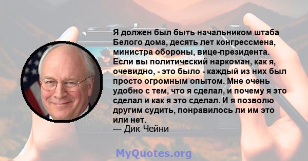 Я должен был быть начальником штаба Белого дома, десять лет конгрессмена, министра обороны, вице-президента. Если вы политический наркоман, как я, очевидно, - это было - каждый из них был просто огромным опытом. Мне