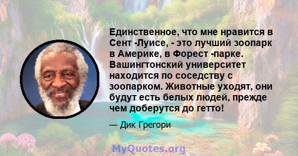 Единственное, что мне нравится в Сент -Луисе, - это лучший зоопарк в Америке, в Форест -парке. Вашингтонский университет находится по соседству с зоопарком. Животные уходят, они будут есть белых людей, прежде чем