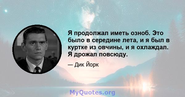 Я продолжал иметь озноб. Это было в середине лета, и я был в куртке из овчины, и я охлаждал. Я дрожал повсюду.