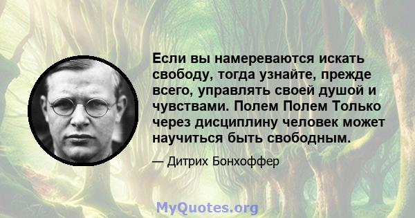 Если вы намереваются искать свободу, тогда узнайте, прежде всего, управлять своей душой и чувствами. Полем Полем Только через дисциплину человек может научиться быть свободным.