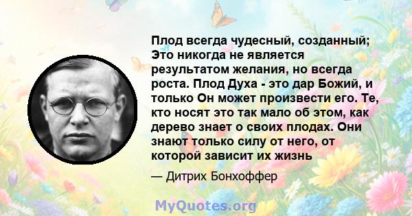 Плод всегда чудесный, созданный; Это никогда не является результатом желания, но всегда роста. Плод Духа - это дар Божий, и только Он может произвести его. Те, кто носят это так мало об этом, как дерево знает о своих