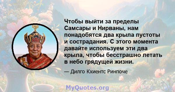 Чтобы выйти за пределы Самсары и Нирваны, нам понадобятся два крыла пустоты и сострадания. С этого момента давайте используем эти два крыла, чтобы бесстрашно летать в небо грядущей жизни.