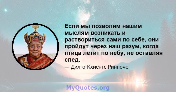 Если мы позволим нашим мыслям возникать и раствориться сами по себе, они пройдут через наш разум, когда птица летит по небу, не оставляя след.