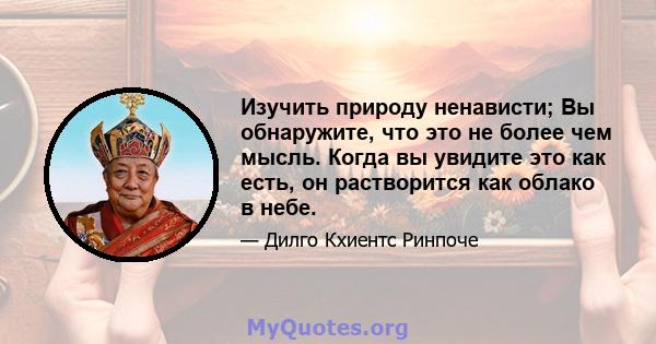 Изучить природу ненависти; Вы обнаружите, что это не более чем мысль. Когда вы увидите это как есть, он растворится как облако в небе.