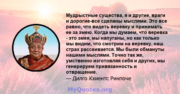 Мудрыстные существа, я и другие, враги и дорогие-все сделаны мыслями. Это все равно, что видеть веревку и принимать ее за змею. Когда мы думаем, что веревка - это змея, мы напуганы, но как только мы видим, что смотрим