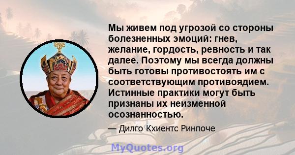 Мы живем под угрозой со стороны болезненных эмоций: гнев, желание, гордость, ревность и так далее. Поэтому мы всегда должны быть готовы противостоять им с соответствующим противоядием. Истинные практики могут быть