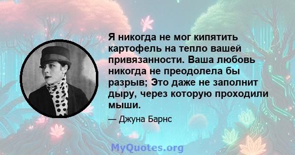 Я никогда не мог кипятить картофель на тепло вашей привязанности. Ваша любовь никогда не преодолела бы разрыв; Это даже не заполнит дыру, через которую проходили мыши.