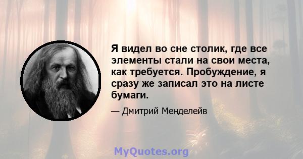 Я видел во сне столик, где все элементы стали на свои места, как требуется. Пробуждение, я сразу же записал это на листе бумаги.