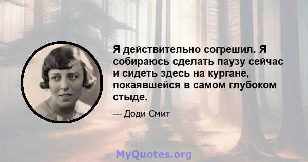 Я действительно согрешил. Я собираюсь сделать паузу сейчас и сидеть здесь на кургане, покаявшейся в самом глубоком стыде.