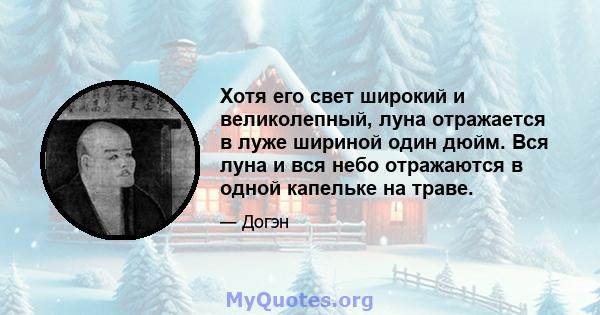 Хотя его свет широкий и великолепный, луна отражается в луже шириной один дюйм. Вся луна и вся небо отражаются в одной капельке на траве.