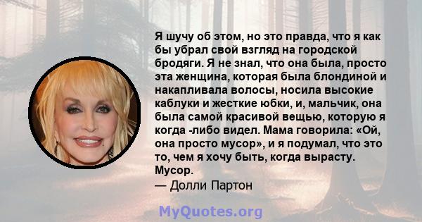 Я шучу об этом, но это правда, что я как бы убрал свой взгляд на городской бродяги. Я не знал, что она была, просто эта женщина, которая была блондиной и накапливала волосы, носила высокие каблуки и жесткие юбки, и,