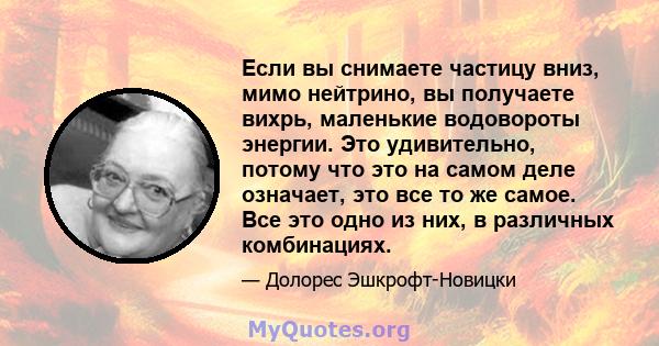 Если вы снимаете частицу вниз, мимо нейтрино, вы получаете вихрь, маленькие водовороты энергии. Это удивительно, потому что это на самом деле означает, это все то же самое. Все это одно из них, в различных комбинациях.