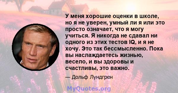 У меня хорошие оценки в школе, но я не уверен, умный ли я или это просто означает, что я могу учиться. Я никогда не сдавал ни одного из этих тестов IQ, и я не хочу. Это так бессмысленно. Пока вы наслаждаетесь жизнью,