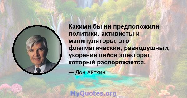 Какими бы ни предположили политики, активисты и манипуляторы, это флегматический, равнодушный, укоренившийся электорат, который распоряжается.