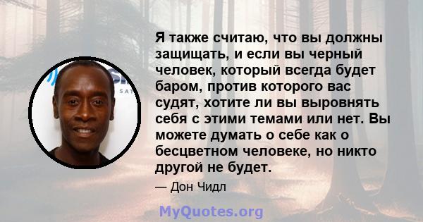 Я также считаю, что вы должны защищать, и если вы черный человек, который всегда будет баром, против которого вас судят, хотите ли вы выровнять себя с этими темами или нет. Вы можете думать о себе как о бесцветном