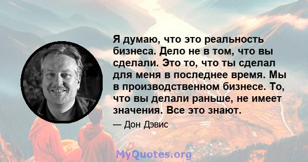 Я думаю, что это реальность бизнеса. Дело не в том, что вы сделали. Это то, что ты сделал для меня в последнее время. Мы в производственном бизнесе. То, что вы делали раньше, не имеет значения. Все это знают.