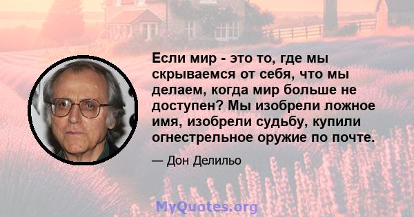 Если мир - это то, где мы скрываемся от себя, что мы делаем, когда мир больше не доступен? Мы изобрели ложное имя, изобрели судьбу, купили огнестрельное оружие по почте.