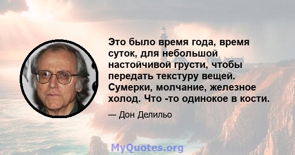 Это было время года, время суток, для небольшой настойчивой грусти, чтобы передать текстуру вещей. Сумерки, молчание, железное холод. Что -то одинокое в кости.