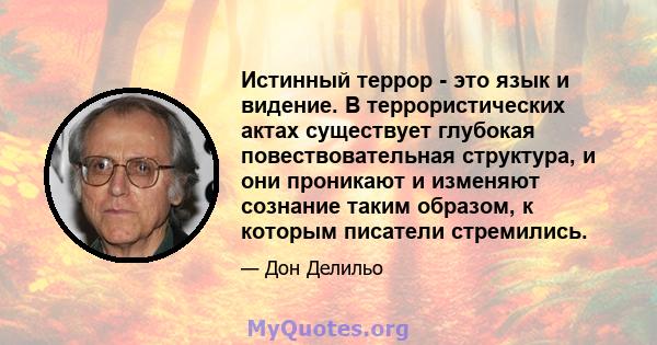 Истинный террор - это язык и видение. В террористических актах существует глубокая повествовательная структура, и они проникают и изменяют сознание таким образом, к которым писатели стремились.