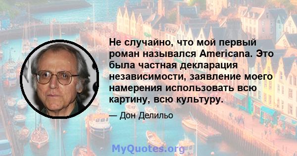 Не случайно, что мой первый роман назывался Americana. Это была частная декларация независимости, заявление моего намерения использовать всю картину, всю культуру.