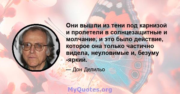 Они вышли из тени под карнизой и пролетели в солнцезащитные и молчание, и это было действие, которое она только частично видела, неуловимые и, безуму -яркий.