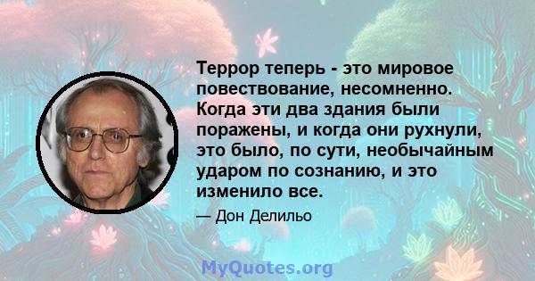 Террор теперь - это мировое повествование, несомненно. Когда эти два здания были поражены, и когда они рухнули, это было, по сути, необычайным ударом по сознанию, и это изменило все.