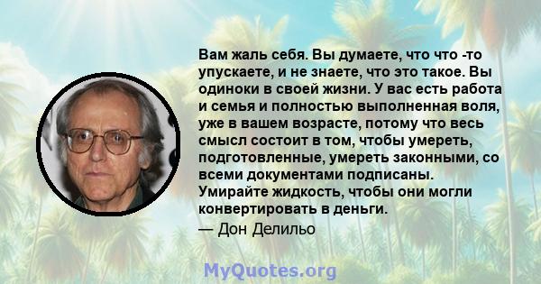 Вам жаль себя. Вы думаете, что что -то упускаете, и не знаете, что это такое. Вы одиноки в своей жизни. У вас есть работа и семья и полностью выполненная воля, уже в вашем возрасте, потому что весь смысл состоит в том,