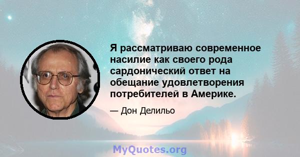 Я рассматриваю современное насилие как своего рода сардонический ответ на обещание удовлетворения потребителей в Америке.