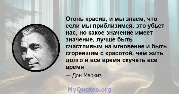 Огонь красив, и мы знаем, что если мы приблизимся, это убьет нас, но какое значение имеет значение, лучше быть счастливым на мгновение и быть сгоревшим с красотой, чем жить долго и все время скучать все время