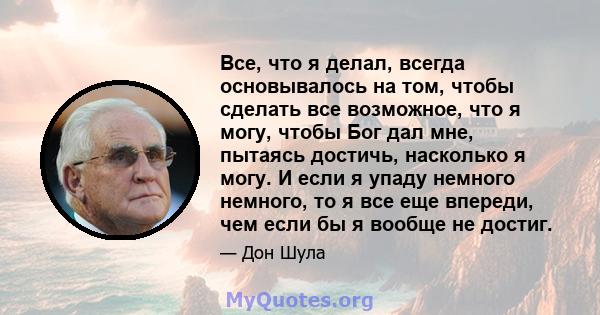 Все, что я делал, всегда основывалось на том, чтобы сделать все возможное, что я могу, чтобы Бог дал мне, пытаясь достичь, насколько я могу. И если я упаду немного немного, то я все еще впереди, чем если бы я вообще не