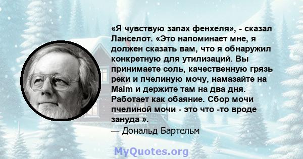 «Я чувствую запах фенхеля», - сказал Ланселот. «Это напоминает мне, я должен сказать вам, что я обнаружил конкретную для утилизаций. Вы принимаете соль, качественную грязь реки и пчелиную мочу, намазайте на Maim и