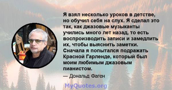 Я взял несколько уроков в детстве, но обучил себя на слух. Я сделал это так, как джазовые музыканты учились много лет назад, то есть воспроизводить записи и замедлить их, чтобы выяснить заметки. Сначала я попытался