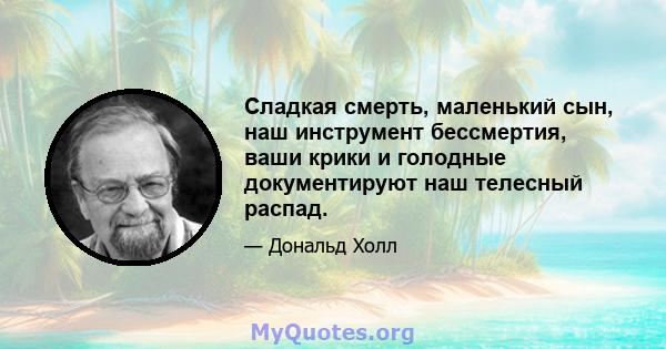 Сладкая смерть, маленький сын, наш инструмент бессмертия, ваши крики и голодные документируют наш телесный распад.