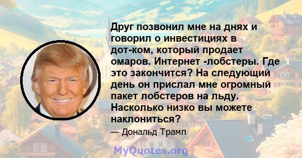 Друг позвонил мне на днях и говорил о инвестициях в дот-ком, который продает омаров. Интернет -лобстеры. Где это закончится? На следующий день он прислал мне огромный пакет лобстеров на льду. Насколько низко вы можете