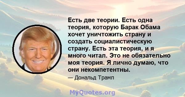 Есть две теории. Есть одна теория, которую Барак Обама хочет уничтожить страну и создать социалистическую страну. Есть эта теория, и я много читал. Это не обязательно моя теория. Я лично думаю, что они некомпетентны.